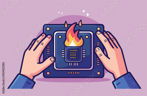 computer chip programma con mani monitor che rotto o da sistemare o rubare in fiamme , vettoriale 