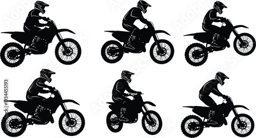 Motocross riders on dirt bikes in black silhouette detailed vector illustration set isolated on light background