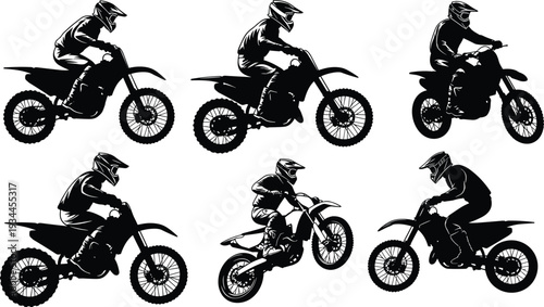 Set of motocross riders performing jumps in black silhouette detailed vector illustration isolated on light background