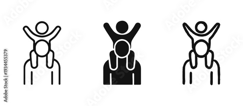 Father and child on shoulders icon set in various styles, symbolizing family bonding and fun.