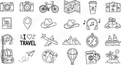 Large collection of black line travel and adventure icons featuring cameras airplanes luggage and vacation symbols for tourism and holiday design projects