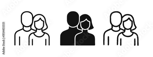 Couple icon set featuring man and woman in different visual styles, representing relationships and partnerships.