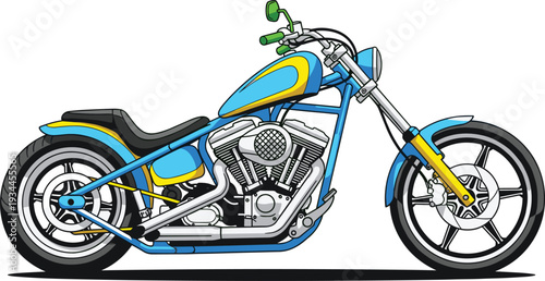 Custom blue and yellow chopper motorcycle detailed vector illustration isolated on light background with classic engine design