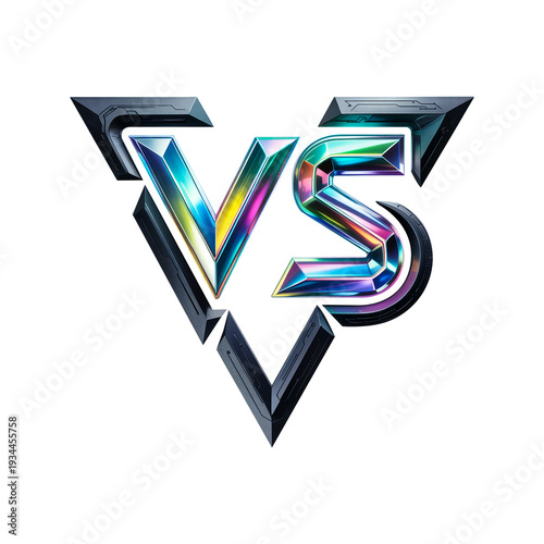 3d futuristic iridescent chrome vs versus emblem with metal frame