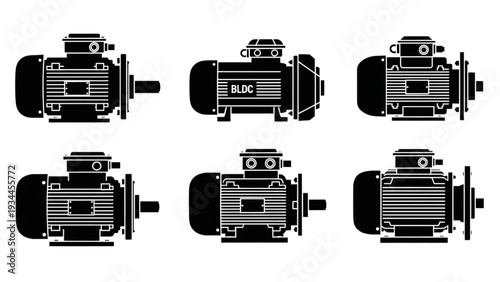 Industrial Electric Motor Collection Silhouette, AC and DC Motor Engineering Vector Icons