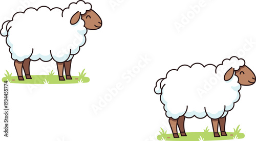 Cute cartoon sheep standing on grass vector illustration set
