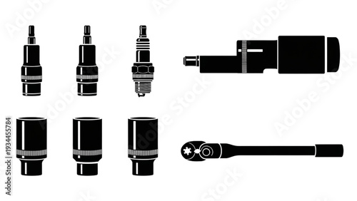Spark Plug and Socket Wrench Tool Set Silhouette, Automotive Repair Tools Vector Icons