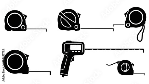 Tape Measure and Digital Measuring Tools Silhouette Set, Construction Measurement Vector Icons