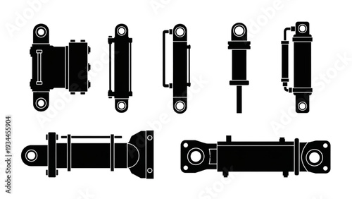 Industrial Hydraulic Cylinders Silhouette Set, Linear Actuator Pistons, Mechanical Engineering Vector Icons