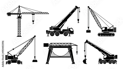 Various cranes and heavy machinery silhouettes against a clear background from different viewpoints