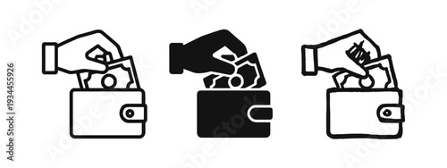Hand taking money from wallet icon set for payment, transactions, and financial management.