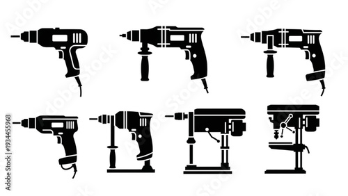 Collection of various drills and power tools in black silhouette