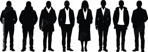 Set of eight business casual silhouettes, people standing in row, diverse group, men and women, isolated on white background, vector,