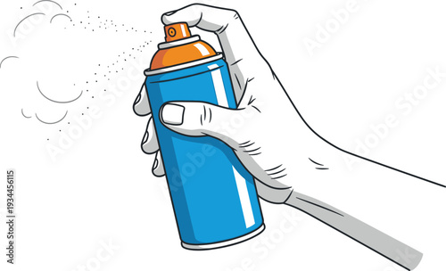 Hand firmly grips a blue aerosol spray can releasing fine particles.
