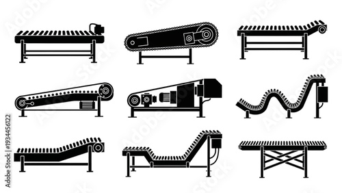 Various industrial conveyor belt systems depicted in a graphic illustration