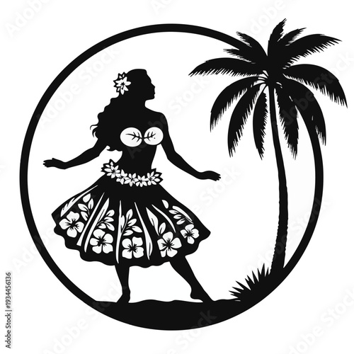 Hula Dancer Silhouette with Palm Tree Illustration in Tropical Setting