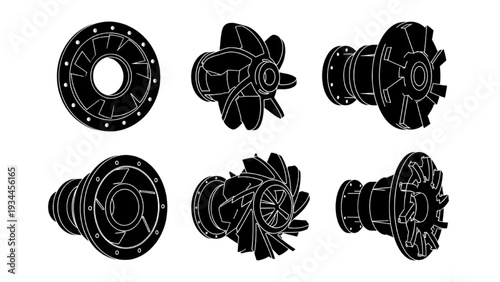 Industrial Pump Impeller Collection Silhouette, Centrifugal Pump Rotors Mechanical Vector Icons