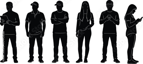 Group of young people using smartphone and tablet silhouette men and women standing isolated on white background vector illustration