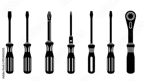A row of various screwdrivers on a white background from a front viewpoint