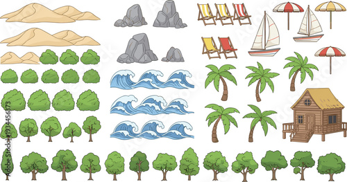 Flat vector illustration set of beach elements including palm trees, ocean waves, sand dunes, tropical plants, sailboats, wooden hut, beach chairs, and umbrellas for summer vacation map design.