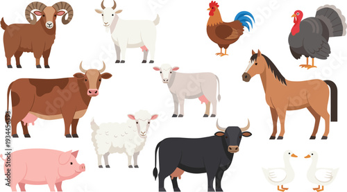 Farm animals collection cow pig horse sheep and poultry vector set