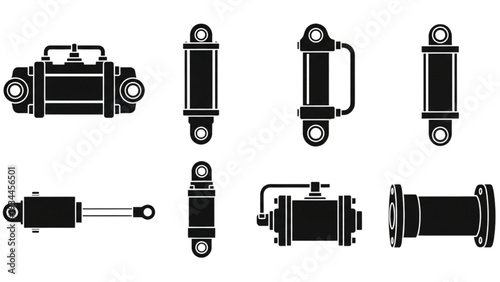 Various hydraulic cylinders depicted in black illustrations on a plain background