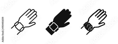 Hand with smartwatch icon set, showcasing wearable technology and digital devices.