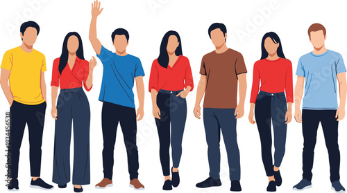 Set of seven diverse people standing in row, flat vector illustration, colorful casual characters, isolated on white background, minimalist design,