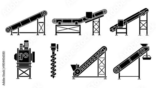 Industrial Conveyor Belt Systems Silhouette Set, Factory Material Handling Vector Icons