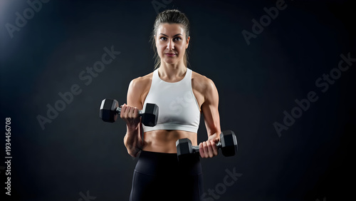 Strong fitness woman doing dumbbell bicep curls on dark background
