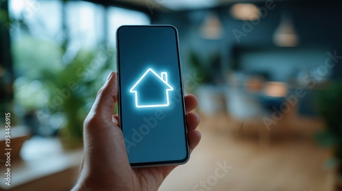 Hand Holding Smartphone Displaying Home Icon in Modern Interior Space with Warm Lighting and Stylish Decoration