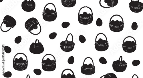 Black and white illustration of baskets and stones pattern