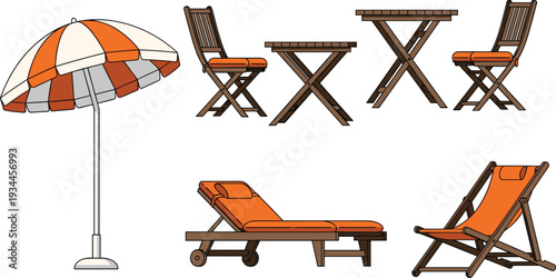 Beach furniture set with umbrella chairs and sun lounger vector illustration