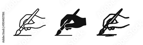 Hand Holding Paintbrush Icons Set. Artist Painting and Drawing, Creative Art Tool and Craft Symbol Vector Illustration