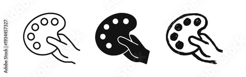 Hand Holding Artist Palette Icons Set. Painting Color Mixing Tool, Art and Creativity Symbol Vector Illustration