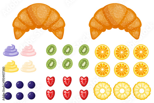 Vector collection of sweet croissant elements  isolated  on white background. Build your own croissant.Preschool printable matherial. Elements for games.  Paper cut out. Vector