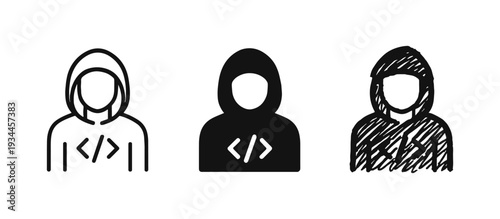 Coder, Programmer, or Hacker Icon Set with Hoodie and Code Symbol - Outline, Solid, and Doodle Styles