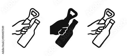 Hand Opening Beer Bottle with Bottle Opener Icon Set - Outline, Solid, and Doodle Styles