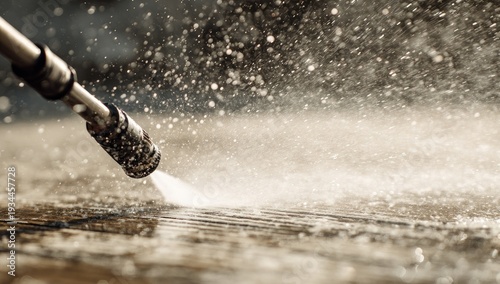 High Pressure Washer Nozzle Cleaning Wooden Deck Surface.