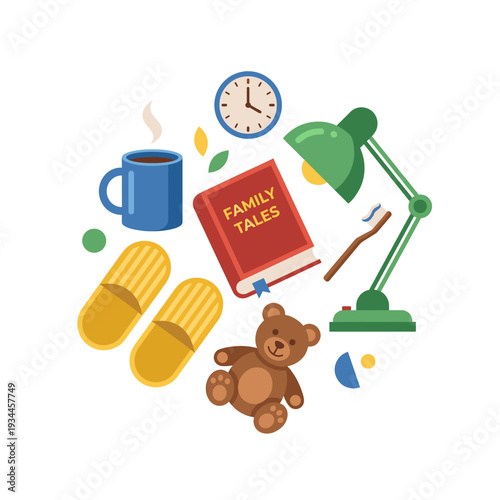 Cozy Night In: An inviting arrangement of bedtime essentials, featuring a comforting cup of coffee, a captivating book, and a friendly teddy bear, all set against a calming backdrop.