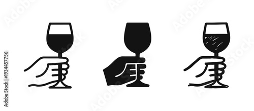 Hand Holding Wine Glass Icon Set - Outline, Solid, and Doodle Styles