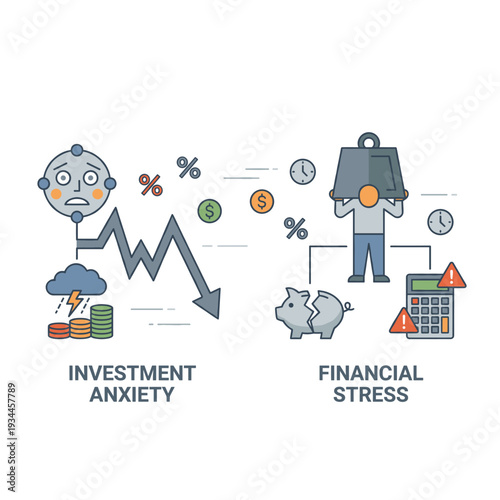 Financial strain illustrated: Illustrative depiction of financial anxieties, investment worries, financial stress, encompassing concepts of economic downturns and burdens