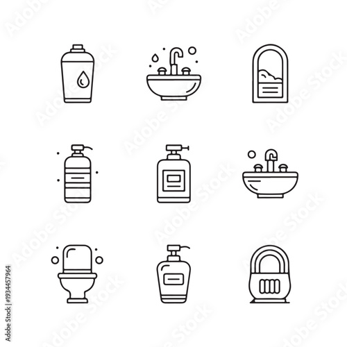 Bathroom hygiene products in minimalist line art style with simple black lines on white background for personal care advertising