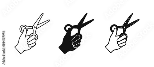 Hand Holding Scissors Icon Set - Outline, Solid, and Doodle Styles