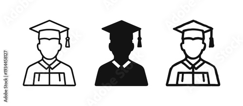 Graduate Student Icon Set with Graduation Cap and Gown - Outline, Solid, and Doodle Styles