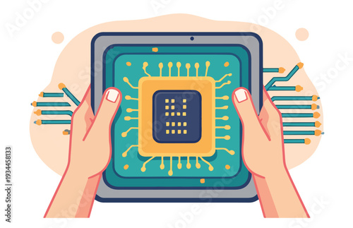 computer chip programma con mani monitor che rotto o da sistemare o rubare in fiamme , vettoriale 