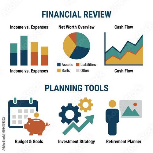 Financial Planning Infographic: A visually compelling infographic that illustrates the key components of financial planning, including income vs. expenses, net worth, cash flow, budget.