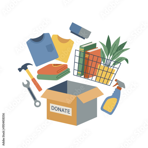 Donation Box Treasures: An overhead depiction showcases a cardboard donation box surrounded by essential items, symbolizing generosity and contribution.