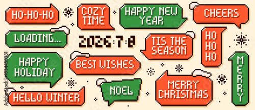 Christmas pixel speech bubbles. Red and green text clouds with snowy peaks and new year phrases.