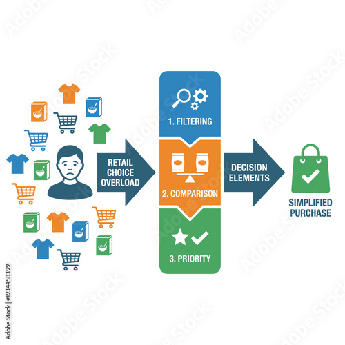 Retail Therapy Simplified: A visual guide simplifies the overwhelming world of retail choices. It breaks down the decision-making process into filtering, comparison, and priority setting.